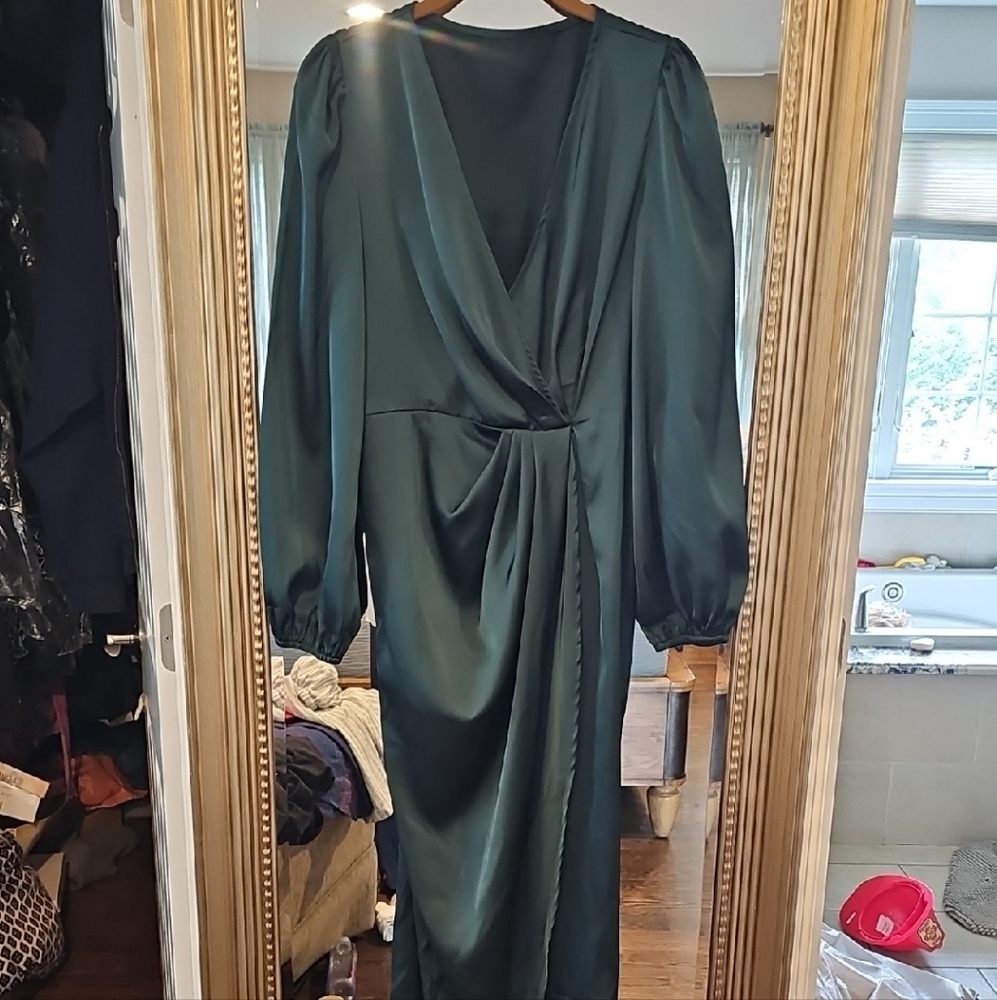 Elegant Teal Wrap Dress latern sleeve twist front